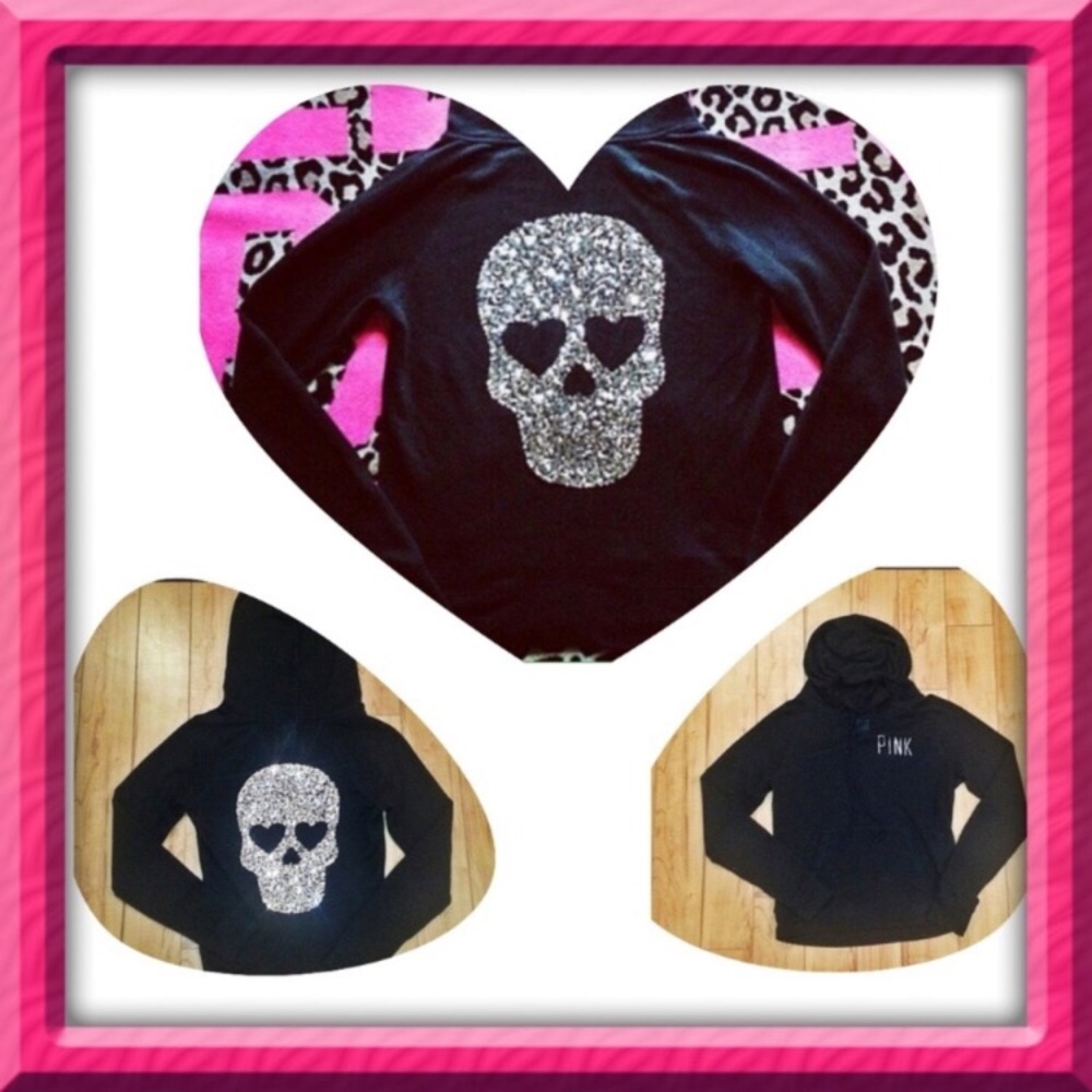 Rare VS pink skull sequin heart bling knit hoodie